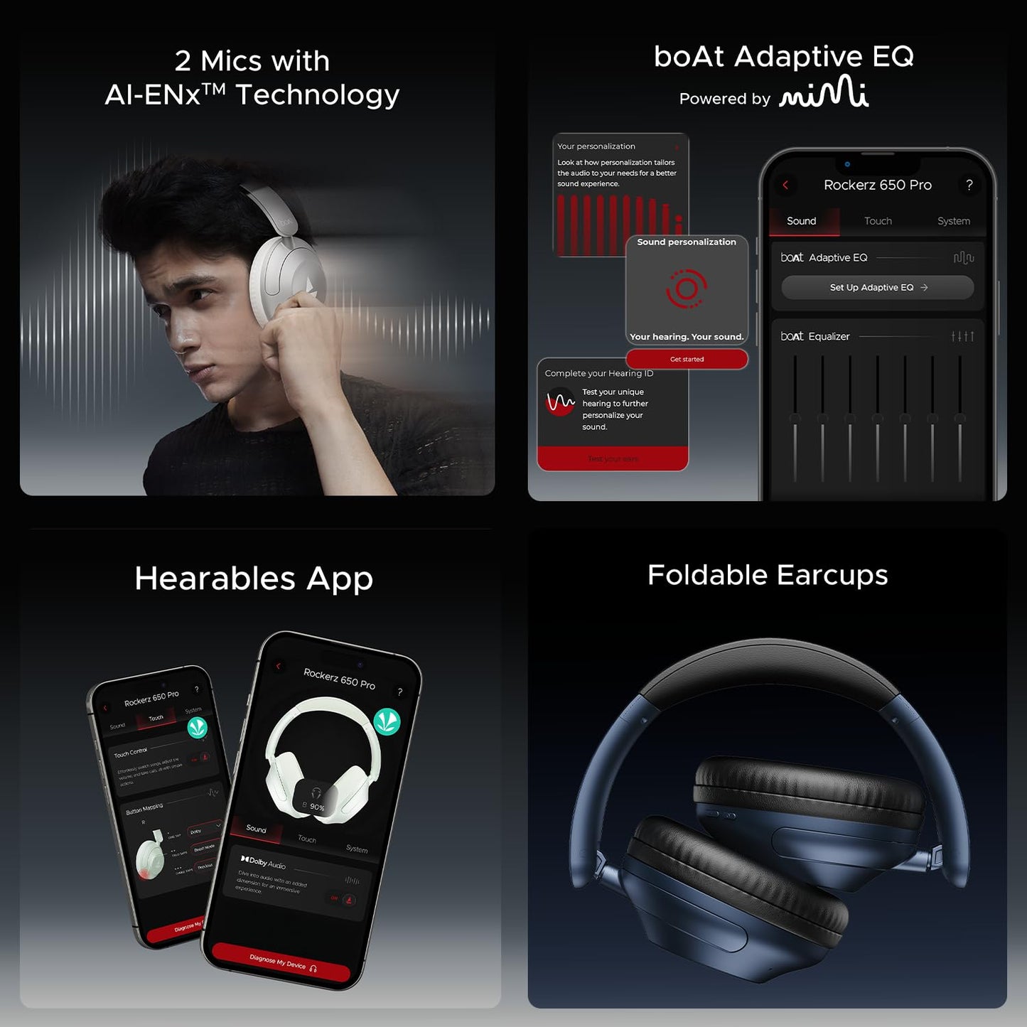 Boat Newly Launches Rockerz 650 Pro, Touch/Swipe Control, Dolby Audio, 80hrs Battery, 2Mics ENx, Fast Charge, App Support, Dual Pair, Bluetooth Over Ear Headphones with Mic (Iris Black)